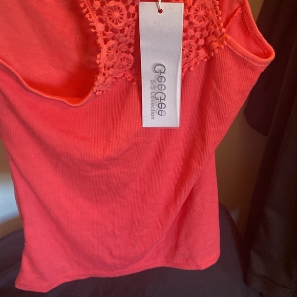 Coral color Tank style top with intricate embroidery all around the neck - Picture 6 of 7